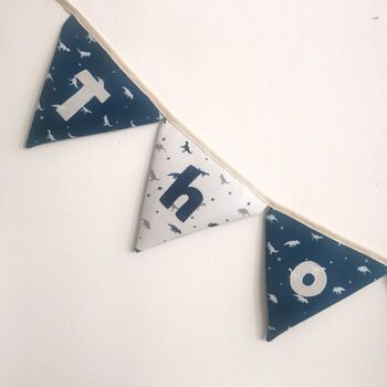 Dinosaur Bunting, Personalised Baby Name, White, Navy Blue, 4 of 11