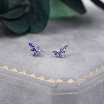 Sterling Silver Amethyst Purple Cz Marquise Cluster Stud Earrings, 3 of 11