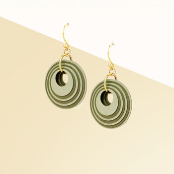 Green And Khaki Geometric Circular Earrings • Gold Plated Sterling Silver Hooks, 5 of 9