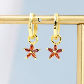 Sterling Silver Garnet Red Flower Cz Huggie Hoop, 3 of 12