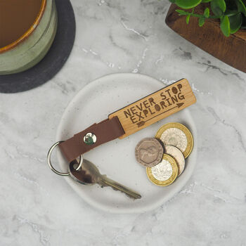 Engraved 'Never Stop Exploring' Wood Keyring For Him, 3 of 4