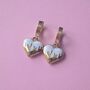 White Drip Enamel Heart Huggies In Stainless Steel, thumbnail 1 of 3