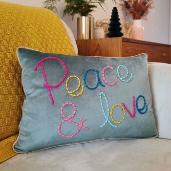 Peace And Love Embroidered Velvet Cushion, 5 of 5