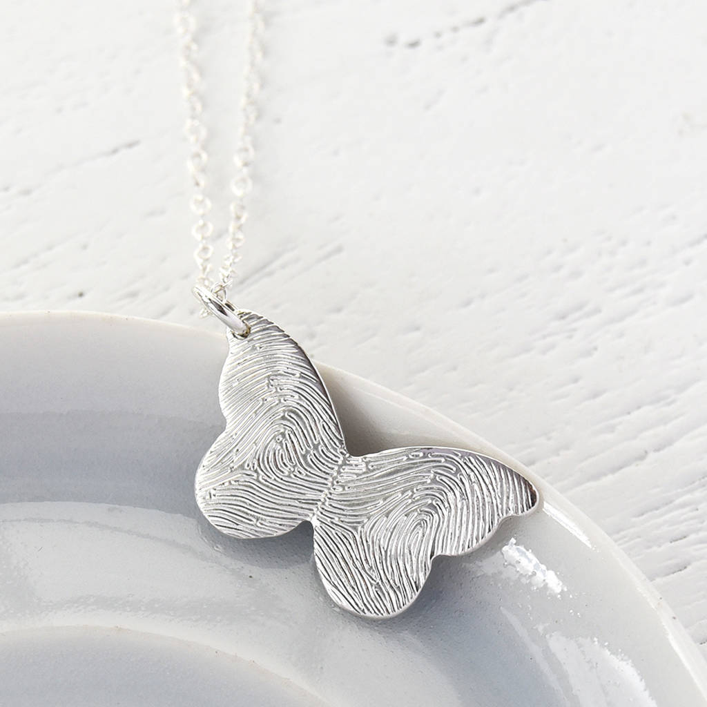 silver fingerprint butterfly necklace by hold upon heart