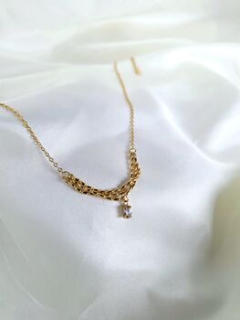 Dainty 18 K Gold Vermeil Necklace Triple Beaded Chain With Teardrop Cz, Tarnish Free Waterproof Necklace, Wedding Jewellery, 4 of 8