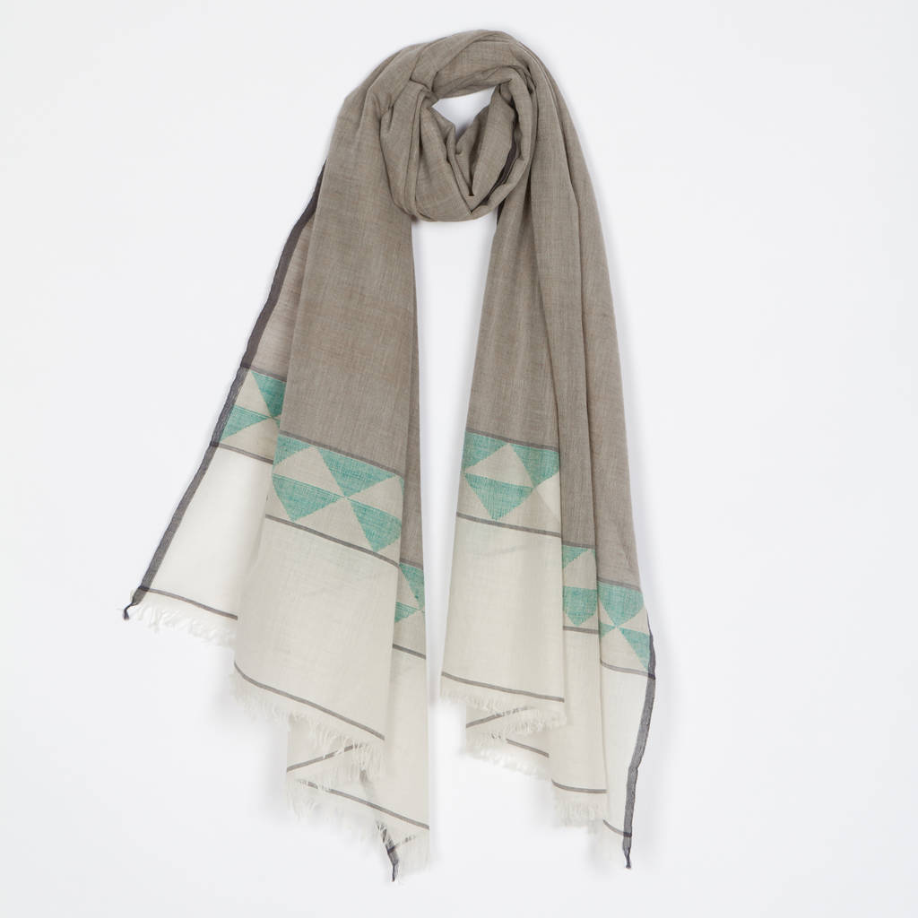 Handwoven Cotton/Wool Scarf With Geometric Border By annaloom