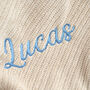 Personalised Beige Knitted Baby Blanket And Monkey Rattle Gift Set, thumbnail 6 of 12