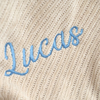 Personalised Beige Knitted Baby Blanket And Monkey Rattle Gift Set, 6 of 12