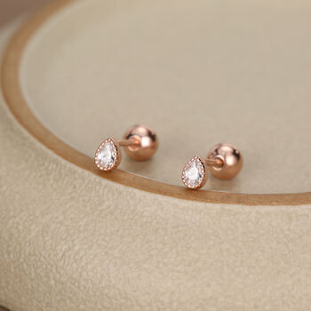Sterling Silver Tiny Teardrop Cz 18 G Screw Back Earrings, 3 of 12