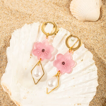 18 K Gold Plated Micro Huggie Earring With Pearl Drop, Flower, And Gemstone, 3 of 8