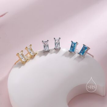 Sterling Silver Tiny Baguette Cz Stud Earrings, 5 of 9