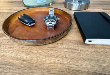 Personalised Burnt Tan Round Leather Accessory Tray, 7 of 7