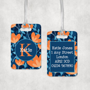Personalised Blue And Orange Flowers Luggage Tag, 2 of 3