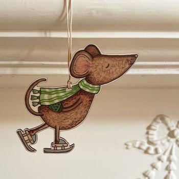 Ice Skating Christmas Mouse Wooden Tree Decoration, 2 of 7
