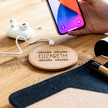 Personalised Botanical Cork Wireless Charger Pad, 3 of 5
