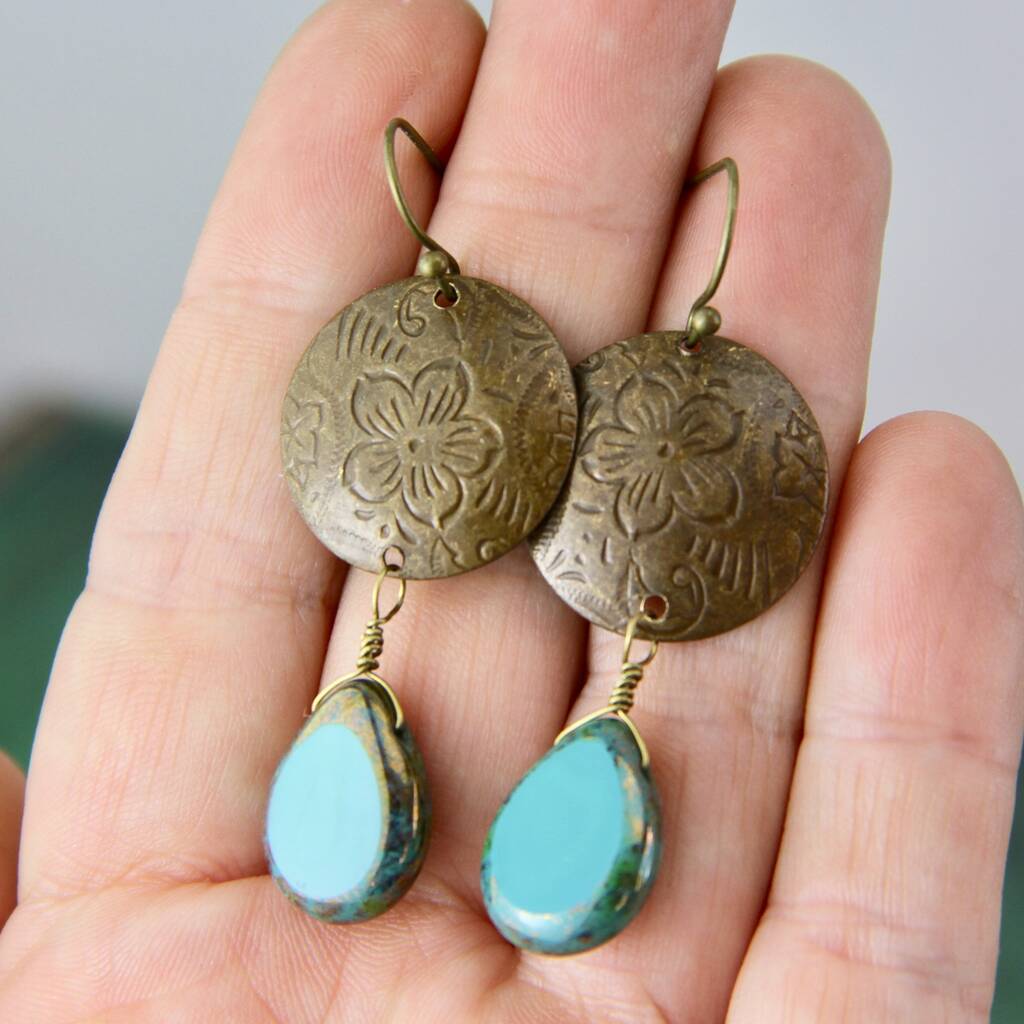 Etched Bronze Disc Turquoise Earrings By Vintage Lane
