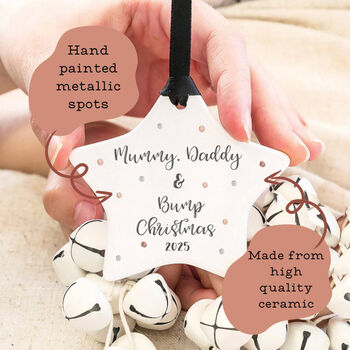 Mummy Daddy And Bump Ceramic Star Tree Decoration, 3 of 5