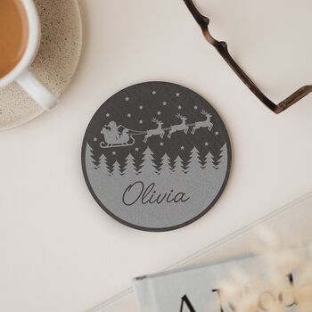 Personalised Santa Reindeer Sleigh Engraved Slate Coaster Christmas Gift, 2 of 2