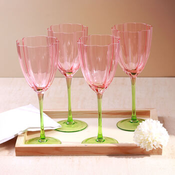 G Decor Set Of Four Laurent Wine Glasses Pink And Green Stem Fluted Water And Wine Goblets, 4 of 5