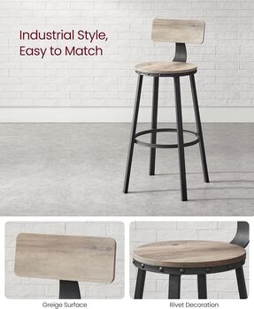 Set Of Two Bar Stools High Seat Backrest Industrial, 6 of 12