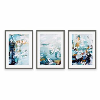Teal Blues Abstract Waves Set Of Three Framed Prints, 4 of 7