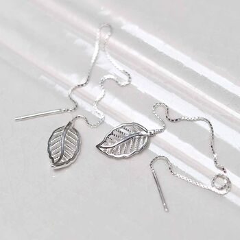 Sterling Silver Leaf Threader Earrings, 2 of 4