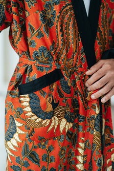 Red Men's Full Length Batik Kimono Robe, 6 of 6