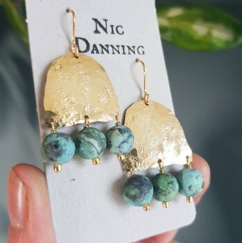 'Titans Gaia' Turquoise And Hand Beaten Brass Earrings, 2 of 4