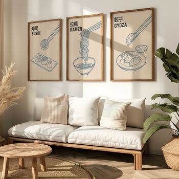 Japanese Food Kitchen Prints | Set Of Three Sushi, Ramen And Gyoza Art, 5 of 12