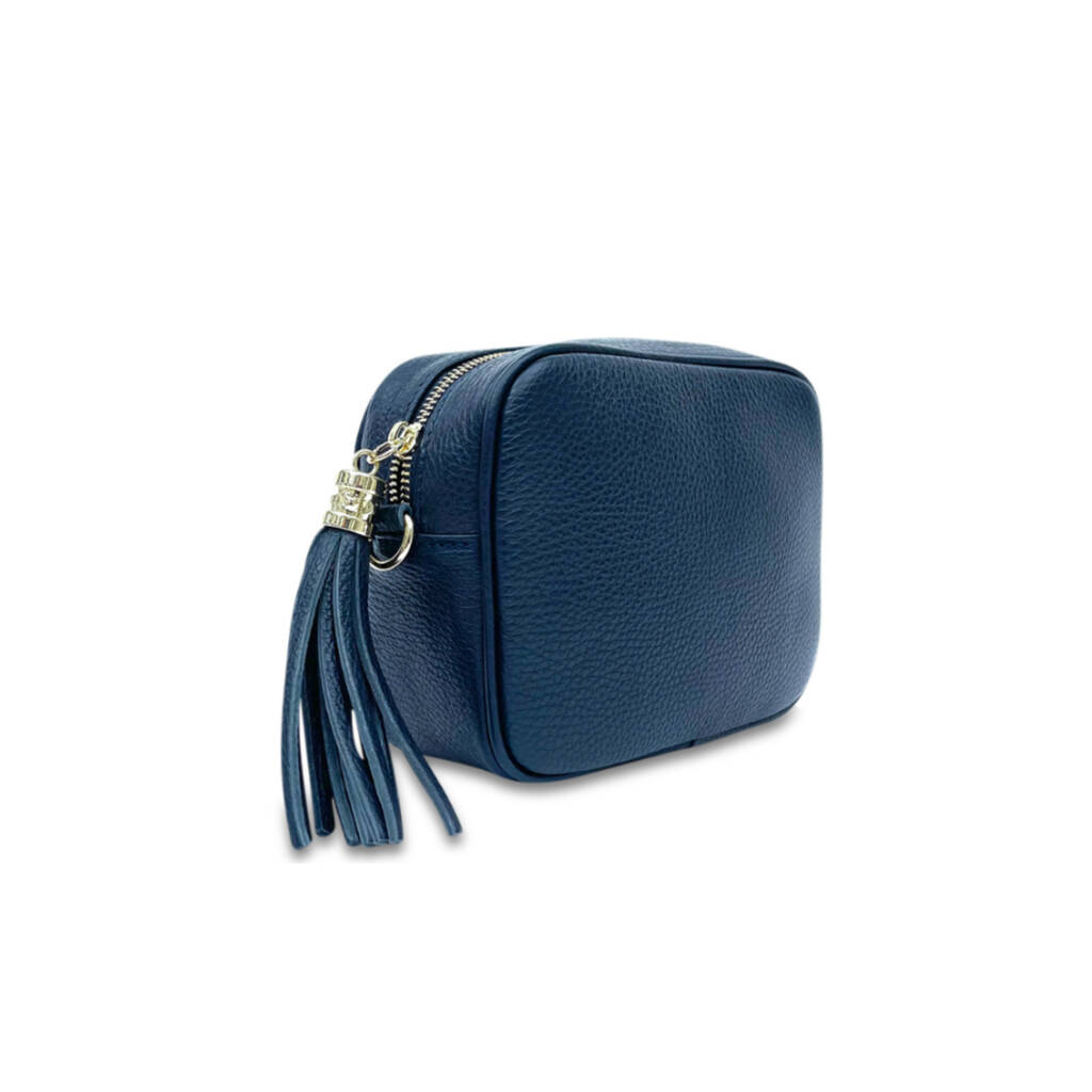 Navy Leather Crossbody Bag With Navy And Gold Strap By Apatchy