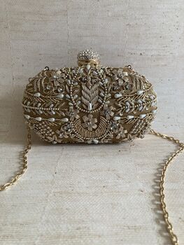Dark Gold Handcrafted Embroidered Oval Clutch Bag, 2 of 10