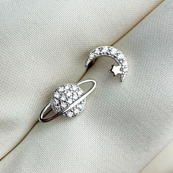 Sterling Silver Sparkly Moon And Planet Stud Earrings, 2 of 5