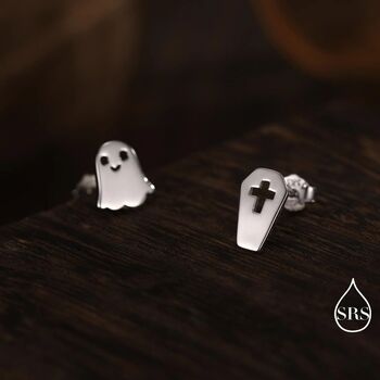 Mismatched Ghost And Coffin Stud Earrings In Sterling Silver, 2 of 12