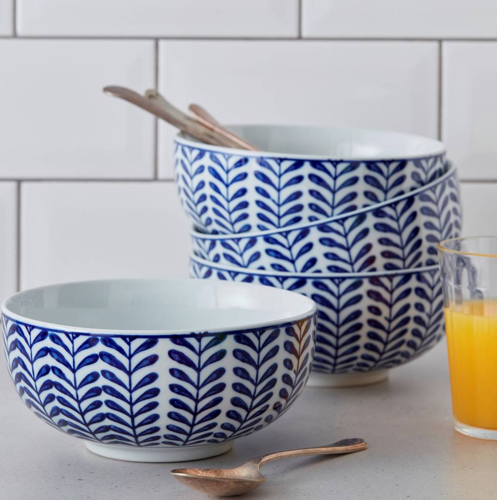 blue and white geometric bowl by the contemporary home