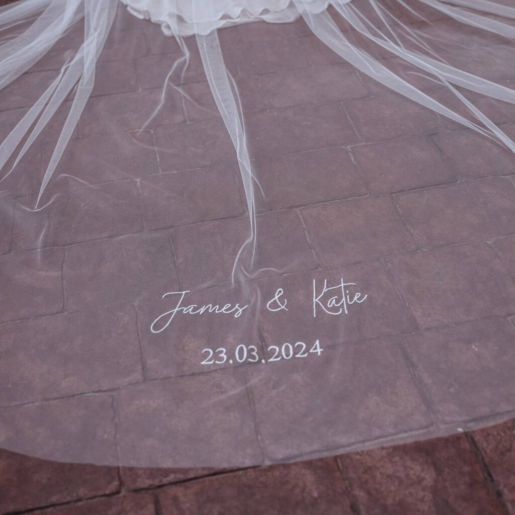 Martha Embroidered Name And Date Wedding Veil, 1 of 3