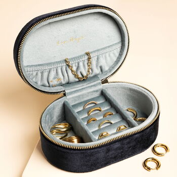 'Written In The Stars' Velvet Oval Jewellery Case In Navy, 3 of 3