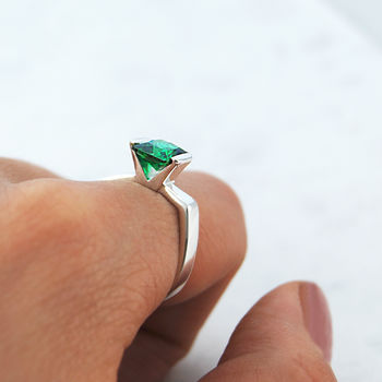 Emerald Birthstone Geometric Faceted Silver Ring, 2 of 3