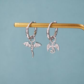 Mismatched Tiny Dragon Huggie Hoop In Sterling Silver, 5 of 10