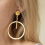 Large Hoop And Bar Drop Earrings In Gold Colour, thumbnail 2 of 3