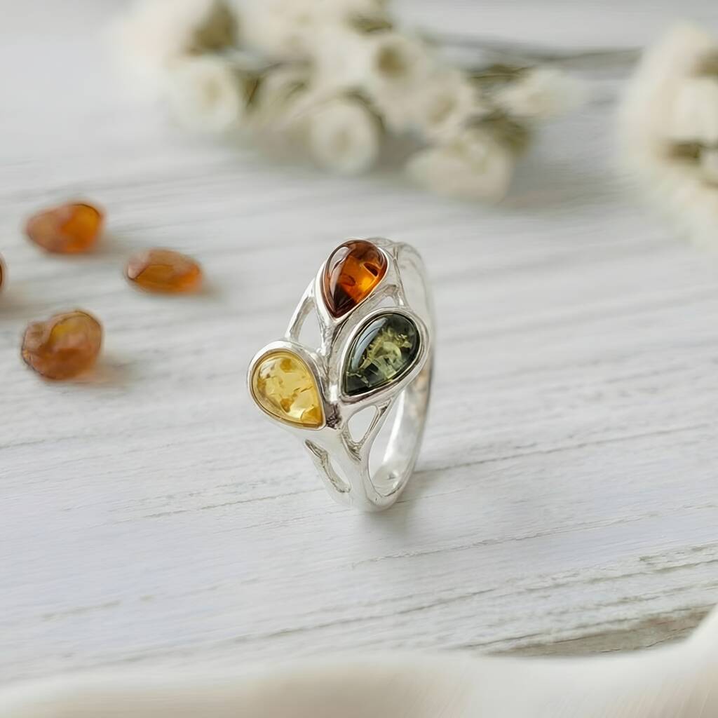 Handmade Tricolour Amber And Sterling Silver Teardrop Ring, 1 of 4