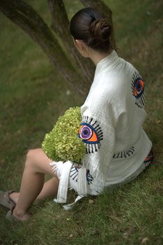 Organic Short Cotton Kimono: White With Orange And Purple Eye, 2 of 4
