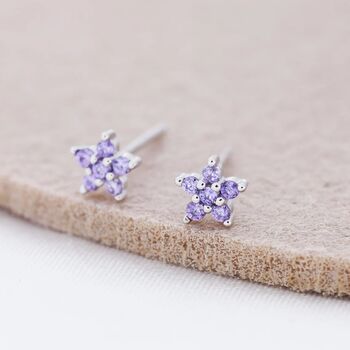Sterling Silver Lilac Purple Flower Cz Stud Earrings, 6 of 12