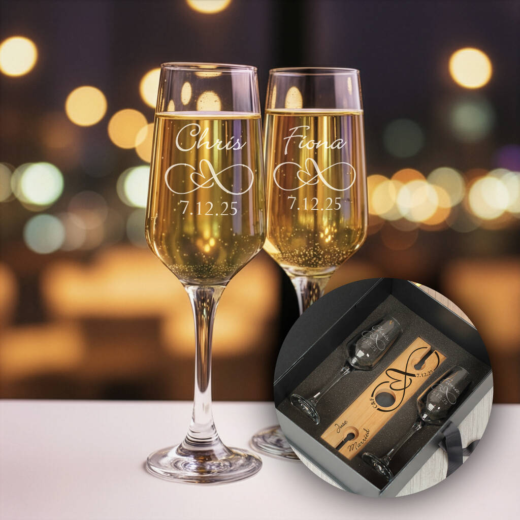 Personalised Just Married Champagne Flutes And Bottle Butler Gift Set, 1 of 6