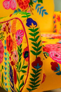 Yellow Floral Embroidered Velvet Wooden Armchair, 5 of 7