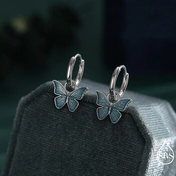 Sterling Silver Blue Butterfly Huggie Hoops, 2 of 10