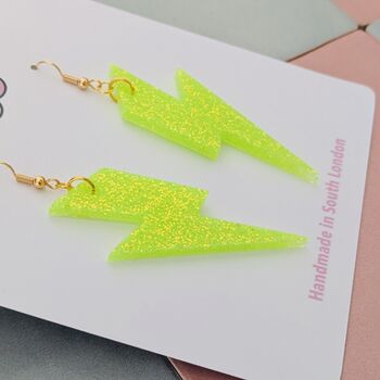 Neon Green Glitter Lightning Bolt Earrings Small And Large, 2 of 10
