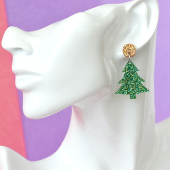 Green And Gold Glitter Christmas Tree Dangle Earrings, 2 of 2