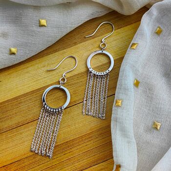925 Silver Hollow Circle Chains Tassel Drop Earrings, 7 of 8