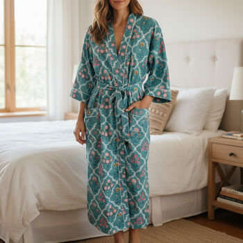 Teal Ditsy Floral Print 100% Cotton Block Print Dressing Gown, 5 of 6