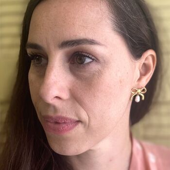 Gold Bow Earrings With Freshwater Pearls, 2 of 3